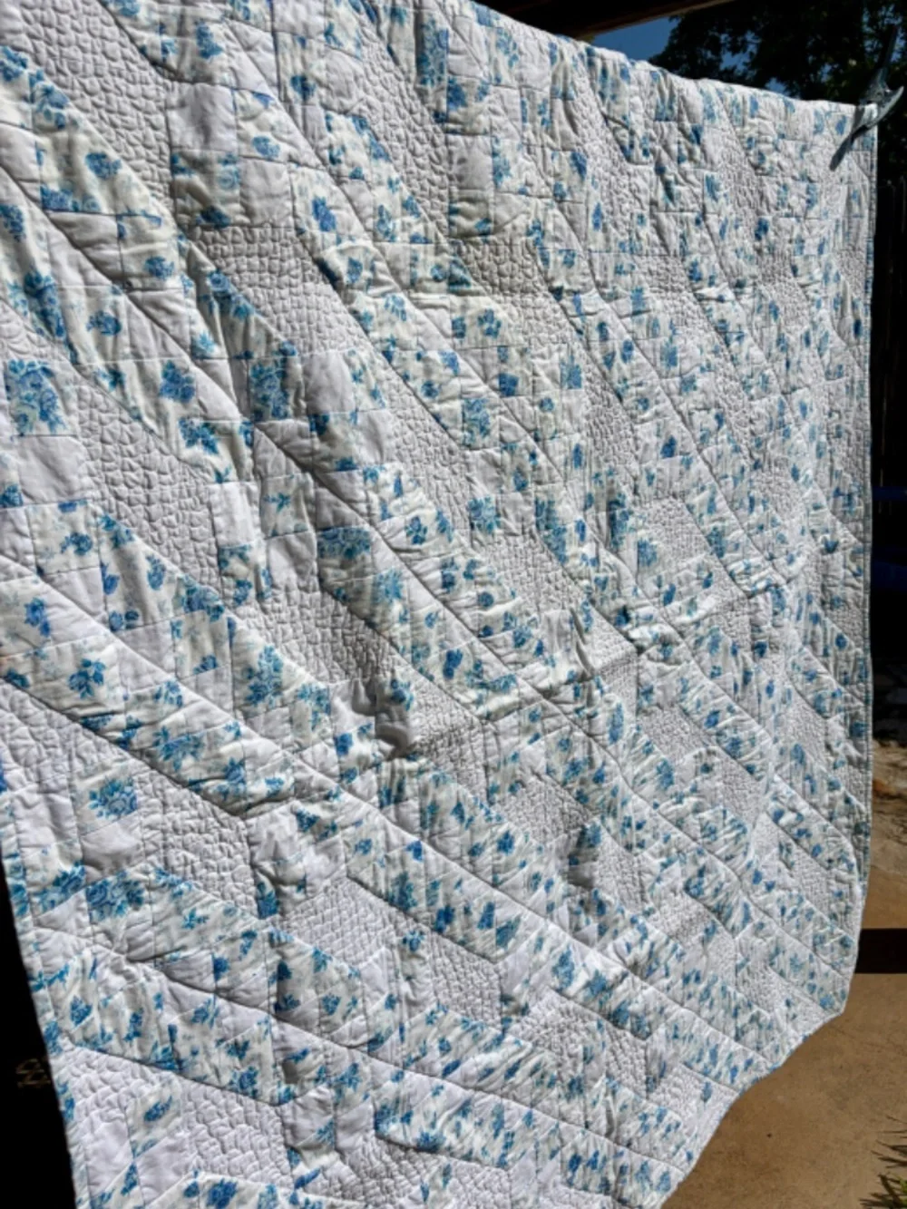 Handmade Jacob's Ladder Quilt Blue White Floral Throw Lap Quilt 58x69 Cotton